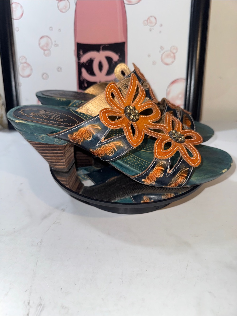 Spring Step Carlina Teal and Orange Floral Leather Heeled Sandals Women’s 39/8.5